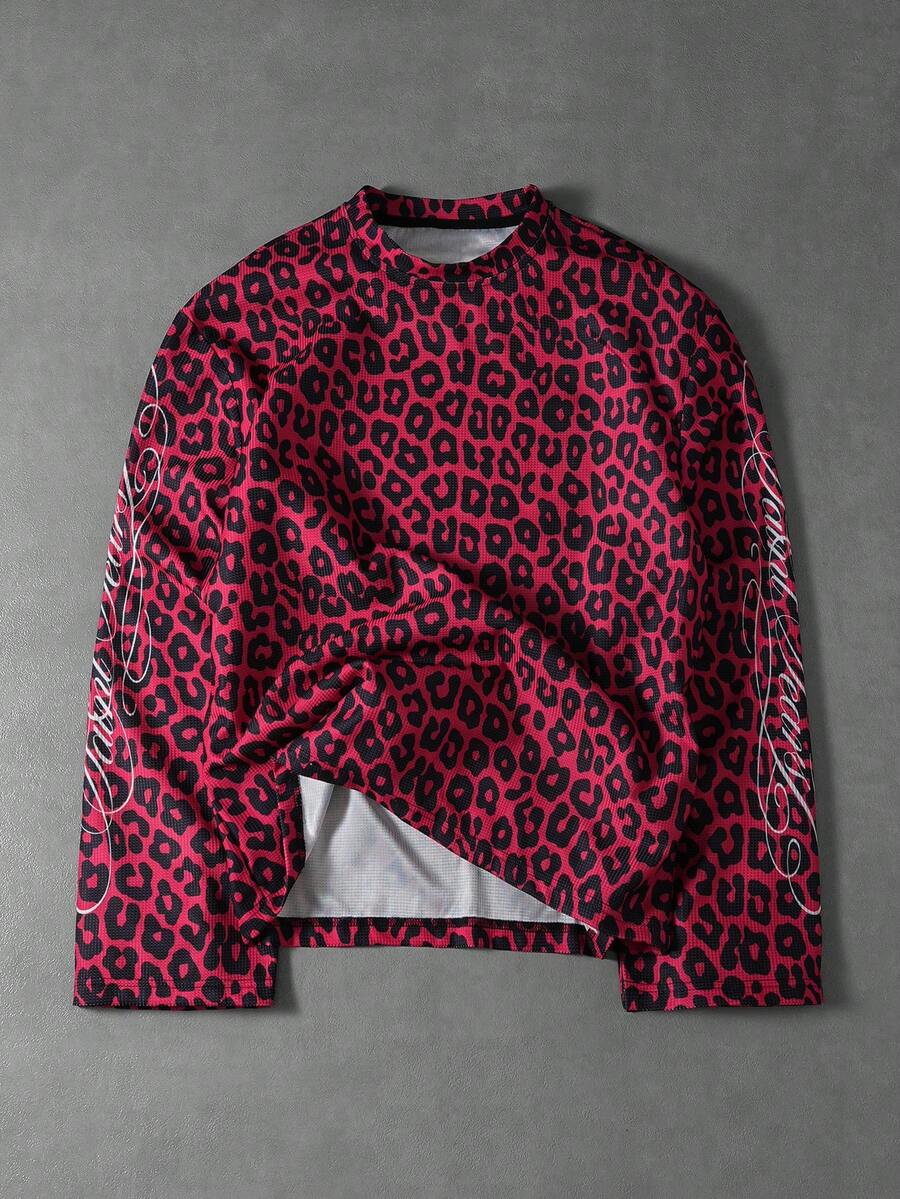 PAVTROS 男士街头风，复古，ins风数码豹纹印花面料，街头潮流，休闲运动长袖T恤，可叠穿，男女皆宜，情侣款，嘻哈风，送给男友的礼物，适合春、秋、冬三季穿着。 - 紅色 - 查看 1