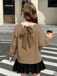 SHEIN Tween Girl Casual Fashion Versatile Knit Wavy Hem V-Neck Bowknot Back Lantern Sleeve Pullover Sweater, Suitable For Weekend, Casual Outing, Back To School, Halloween, Christmas, New Year In Fall/Winter - Khaki - View 6