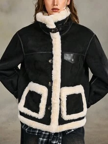 ROMWE Grunge Punk Women's Contrast Color Casual Patchwork Faux Shearling Collar Long Sleeve Jacket - Black - View 6