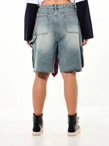 SUMWON WOMEN 牛仔工装短裤，配条纹系带腰带，高腰阔腿设计，夏季休闲毛边裤脚，宽松版型，实用百搭口袋 - 藍色 - 查看 2