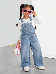 SHEIN Bộ quần yếm denim màu xanh dương thoải mái, thoáng khí, đa năng dành cho bé gái. - Rửa nhẹ - Xem 3