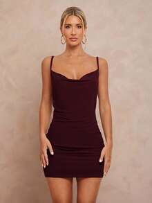 Lumalex Women's Sexy Backless Mini Dress Burgundy Knitted Fabric Round Neck Sleeveless With Chain Detail Sexy Date Night Dress Open Back Dress Low Back Dress - Burgundy - View 2