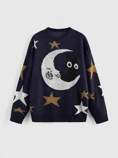 ROMWE Hippie Women's Fashionable Casual Halloween Moon & Star Sweater