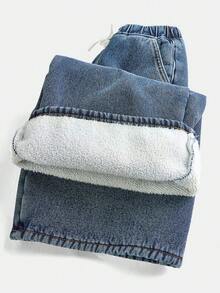 SHEIN Tween Girl Loose Fit Basic Blue Denim Thermal Lined Pants, Autumn/Winter - Dark Wash - View 4