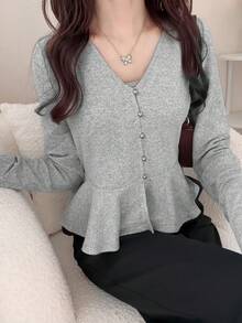 FRIFUL Women's V-Neck Ruffle Hem Solid Color Casual T-Shirt - Grey - View 2