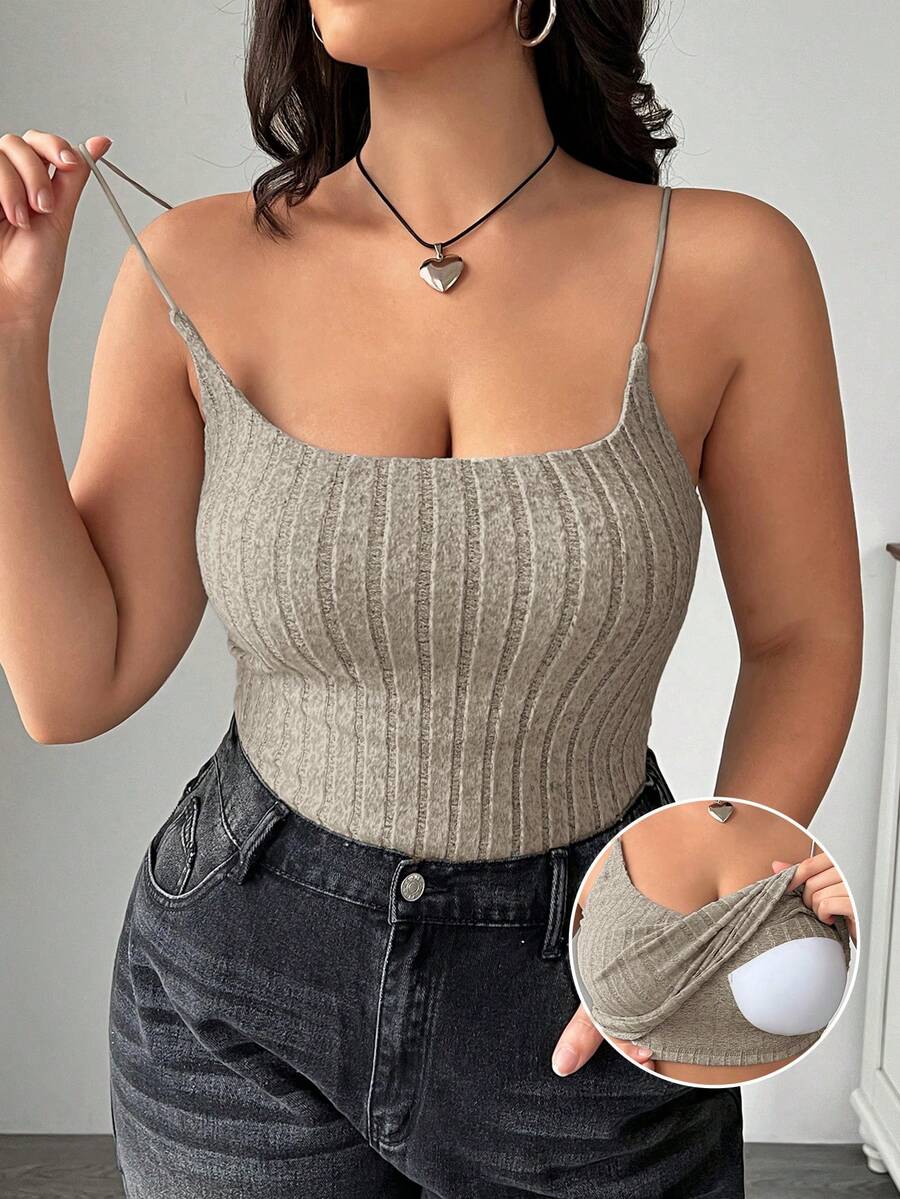 SHEIN EZwear Plus Size Apricot Ribbed Camisole Top With Built-In Bra, Suitable For Early Autumn - Apricot - View 1