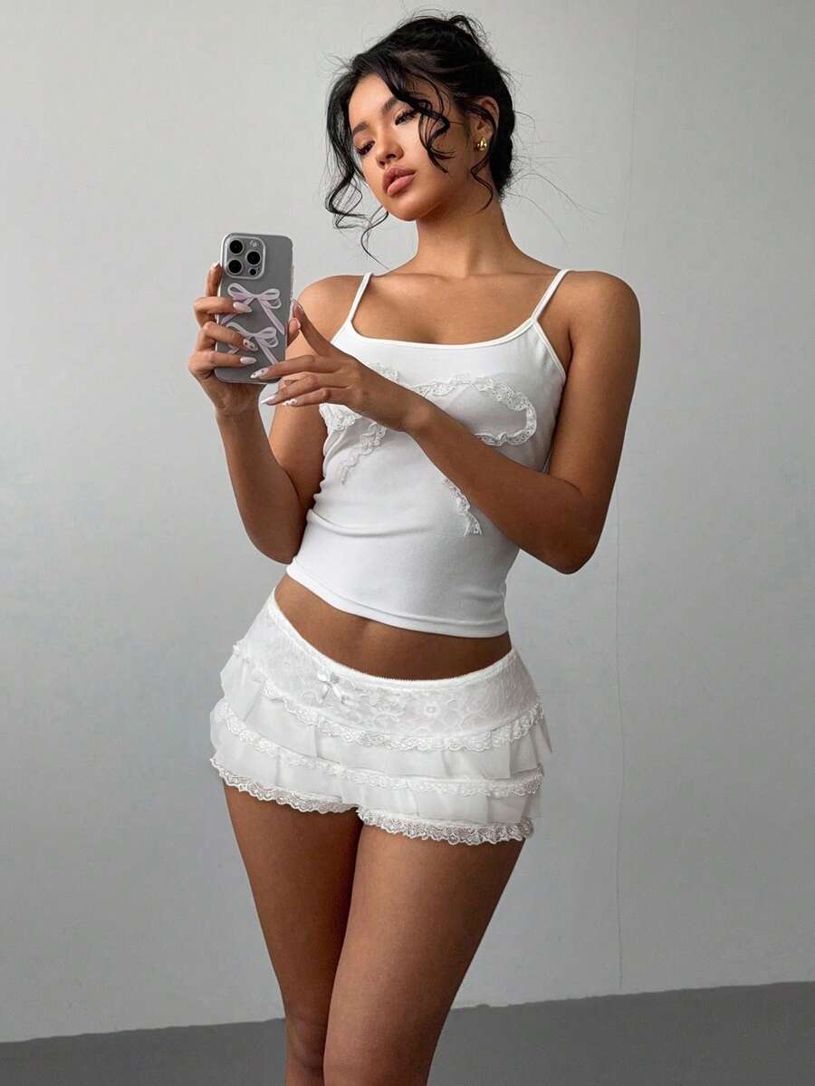 Aloruh Quần short mini bó sát cạp cao, viền ren ngọt ngào, nhiều lớp, phong cách Y2K dành cho nữ, thu/đông