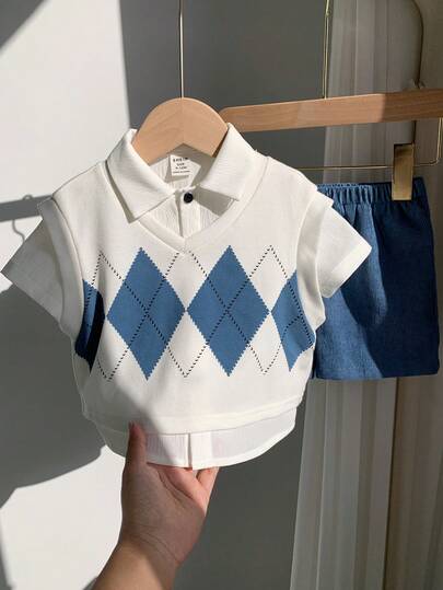 SHEIN 男婴菱格纹背心、白色衬衫、松紧腰休闲短裤三件套绅士套装，适合生日派对、锐舞派对、晚宴、演出、婚礼、迎婴派对、一周岁生日庆祝等场合。