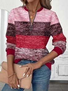 EMERY ROSE Sweatshirt Wanita Ukuran Plus Motif Garis Bertekstur dengan Resleting dan Kerah Bulat, Warna Ungu Tua, Atasan Pullover Lengan Panjang Musim Gugur, Atasan Kasual Elegan untuk Mendaki Gunung di Musim Dingin - MultiWarna - View 4