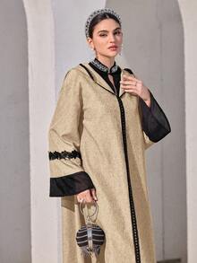 Al Najma 女士优雅撞色喇叭袖连帽阿拉伯风格连衣裙 - 卡其色 - 查看 4