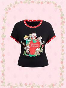 Strawberry Shortcake | ROMWE Spring / Summer Plus Size Sweet Cartoon Pattern Short Sleeve Fitted T-Shirt, Summer - Black - View 1