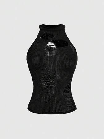 Grunge Punk Top aderente in maglia a costine senza maniche con scollo a ciambella e dettagli traforati, colore unito sexy