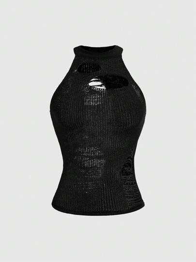 Grunge Punk Débardeur tricoté à col rond, ajusté, de couleur unie et ajouré, sans manches