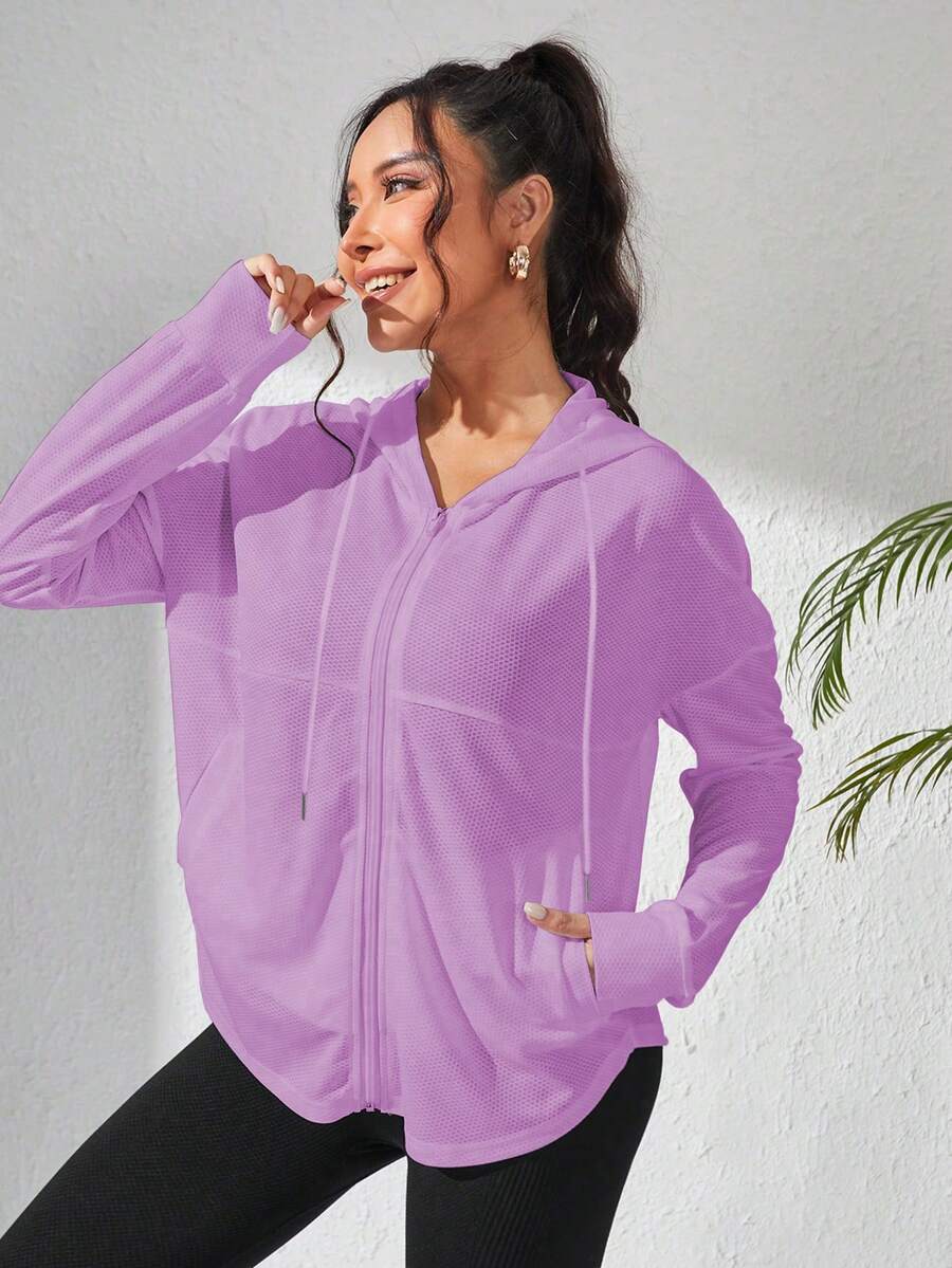 SHEIN Sports 女士纯色落肩长袖拉链前袋连帽运动夹克 - 紫色 - 查看 1
