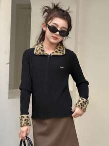 DAZY Tween Girls Contrast Color Letter Embroidered Cardigan Spring - Black - View 6