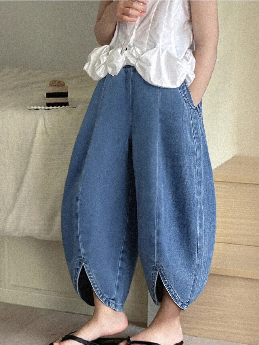 LMoss Kids Young Girl' Loose Blue Denim Harem Pants - Light Wash - View 1