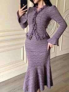 DAZY 2件套女士法式长袖蕾丝鱼尾修身连衣裙，时尚优雅 - 紫色 - 查看 5