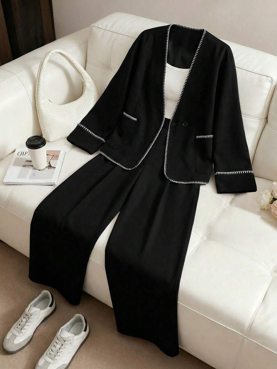 Modelyn Women's High-Quality Contrast Color Knit Cardigan Jacket And Casual Pants Winter Suit - Black - View 1