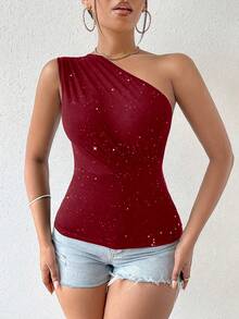 Zolique Summer New Sexy Asymmetric Shoulder Ruched Shiny Fabric Women Top, Wine Red Blouse, Oblique Shoulder Top, Holiday Top - Red - View 8