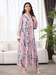 SHEIN Najma Elegant Floral Print Long Sleeve Loose Arabic Style Dress For Women - Pink - View 6
