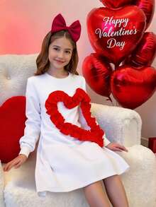 Sparklyn Cute And Sweet Valentine's Day Party Dress For Girls With Heart-Shaped Ruffles, Round Neck, Loose Fit, Long Sleeves, White Sweatshirt. - White - View 1
