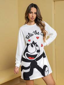 SHEIN Felix The Cat Áo ngủ nữ dáng rộng, tay dài, vai rớt, in hình chữ cái và trái tim hoạt hình dễ thương, thích hợp cho mùa xuân/thu. - trắng - Xem 4