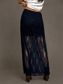 Siren Gaze 女士性感野花蕾丝拼接轻盈透气长款夏季裙 - 藏蓝色 - 查看 2