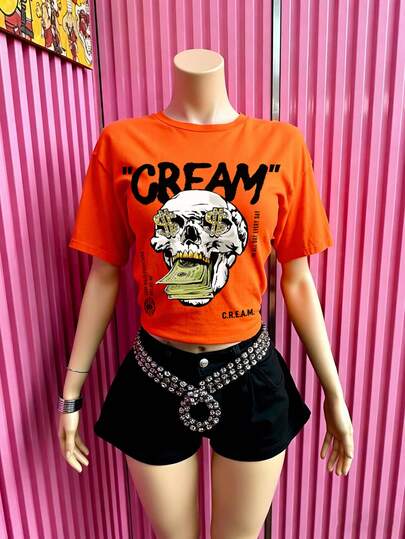 Rovax Women's Crew Neck Skull & Letter Print Short Sleeve Cropped T-Shirt, Summer