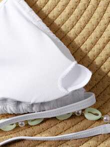 SHEIN Tween Girl 3 PiecesSwimsuit Set: White Textured Knit Camisole, Swim Shorts, And Wrap Skirt - White - View 3