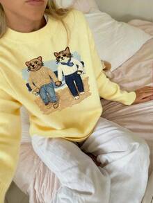 CovetEZ Women's Cream Yellow Teddy Bear Sweater, Cream Yellow Adds Elegant Charm! Super White! Christmas Cute Home Winter Clothes Suitable For Autumn And Winter Wear, Women's Autumn And Winter Series Comfortable Women's Autumn And Winter Clothing, 2025 Autumn And Winter Women's Clothing