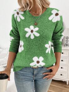 SHEIN LUNE Sweater Rajut Wanita Kasual Bermotif Bunga Lembut, Leher Bulat, Bahu Longgar, Lengan Panjang, Musim Gugur/Dingin - Lime Green - View 7