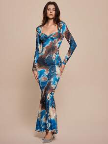 优雅修身豹纹鱼尾连衣裙，正面扭结设计，长袖 - 彩色 - 查看 4