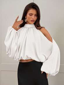 Aloruh 女士新款缎面长袖衬衫，纯色乳白色和香槟色，泡泡袖设计，优雅性感派对装，秋冬款 - 白色 - 查看 4