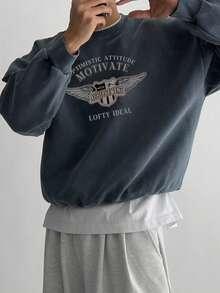 DAZY Men's Letter Print Short Thermal Lined Pullover Pullover Sweatshirt, Charcoal Grey, Autumn/Winter