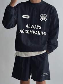 DAZY Men's Navy Blue Letter Print Crew Neck Pullover Pullover Sweatshirt Set With Drawstring Design, Spring/Summer - Blue - View 7