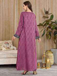 Al Najma 女士几何印花流苏装饰优雅长袖阿拉伯风格连衣裙 - 粉色 - 查看 6