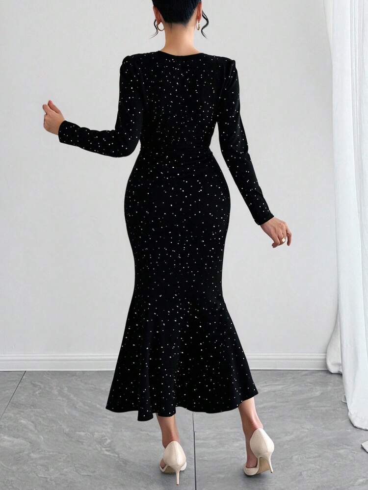 French Plunging Neckline Long Sleeve Dress, Elegant Fitted High-End Mermaid Dress For Women Maxi Dress