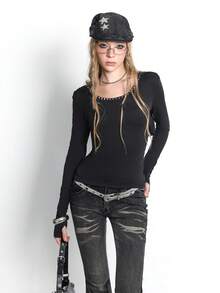 SHEIN Unity Top Casual Ajustada de Manga Longa com Gola Cowl e Aplicação de Strass para Mulheres - Preto - Visão 5