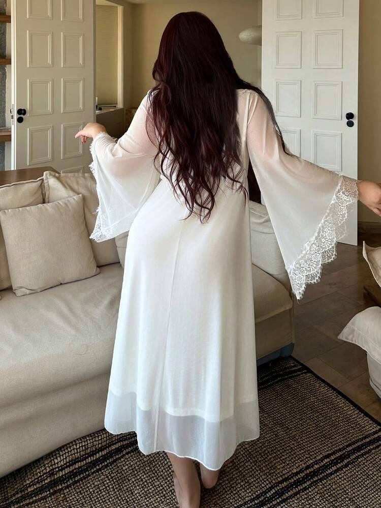 Dazy Plus Plus Size Women Contrast Lace Sexy Long Sleeve Chiffon Maxi Nightgown, Waist Cinched, Elegant Sleepwear For Spring/Summer