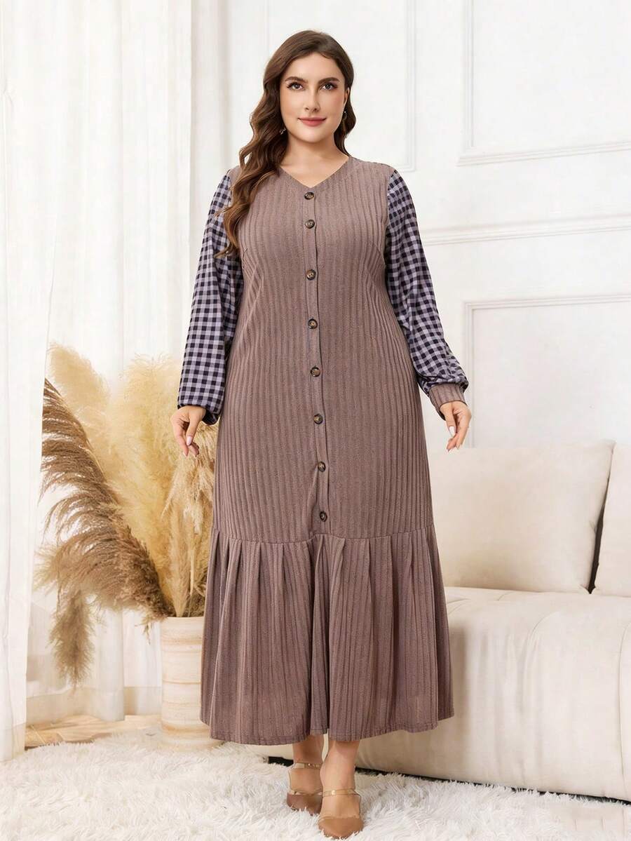 Lacomfia Plus Size Women's Vintage Patchwork Plaid Print V-Neck Single-Breasted Ruffle Hem Loose Dress, Spring/Autumn