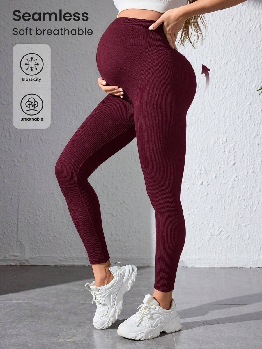 SHEIN Burgundy Seamless Ribbed Maternity Leggings - Burgundy - View 1