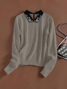 Franclia Áo len dệt kim 2 trong 1 cổ điển thanh lịch có họa tiết kim cương, có cổ, tay dài, mặc thường ngày, trở lại trường, thu/đông - Màu nâu  Mocha - Xem 3