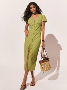 Poéselle 绿色纽扣前开襟长款连衣裙 - 短袖夏季波西米亚风度假周末穿搭，女士休闲V领纽扣短袖连衣裙，夏季女士长款休闲连衣裙，女士纽扣前开襟连衣裙，女士棉质长款连衣裙，人造丝连衣裙，法式风格连衣裙 - 灰綠 - 查看 10