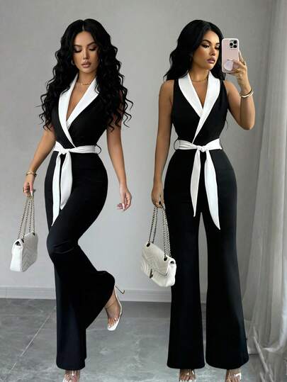 Elenzga Women's Elegant Elegant Fashion Workwear Commuter Contrast Color Shawl Neck Sleeveless Belted Flared Jumpsuit, Spring/Summer/Autumn
