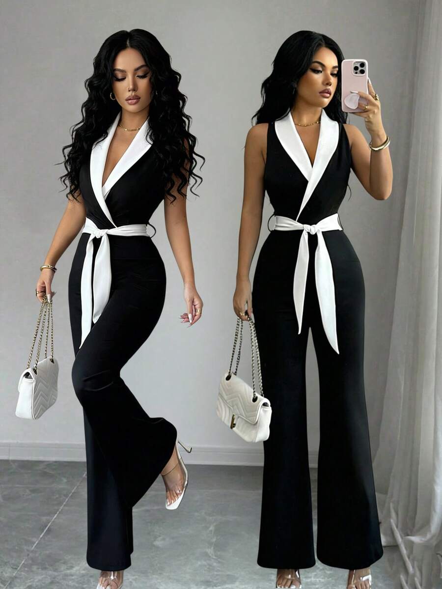 Elenzga Bộ jumpsuit nữ thanh lịch, thời trang công sở, phối màu tương phản, cổ shawl, không tay, thắt lưng, dáng xòe, thích hợp cho mùa Xuân/Hè/Thu. - Đen và trắng - Xem 1