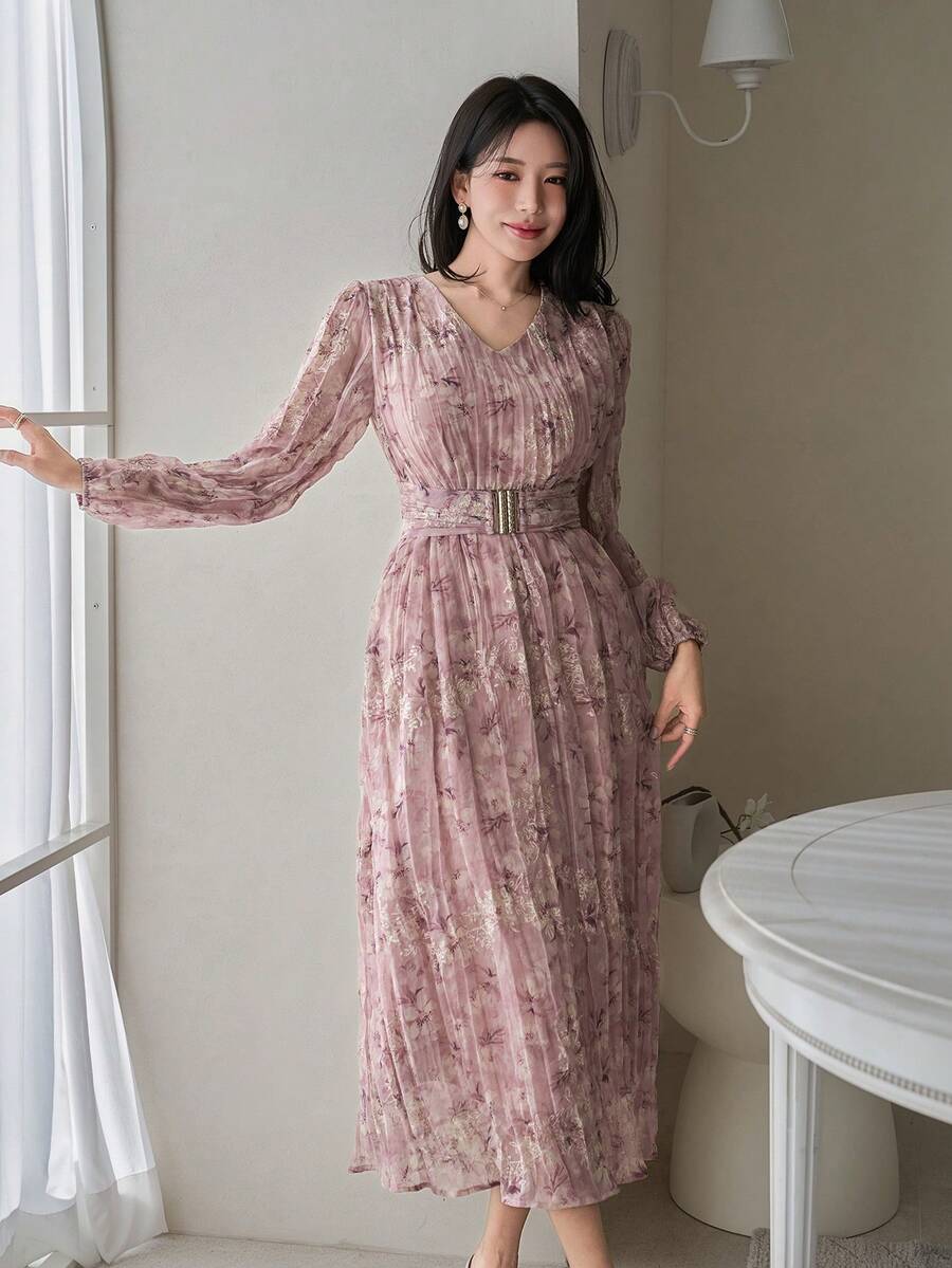 DAZY Đầm dài cổ chữ V màu trơn thanh lịch dành cho nữ, có thắt lưng, thích hợp cho mùa xuân/hè, họa tiết hoa. - Hồng - Xem 1
