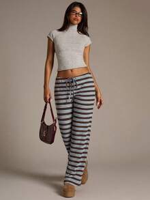 Aloruh 女士新款棕色条纹低腰裤，秋冬季 - 彩色 - 查看 5