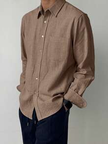 DAZY Men's Casual Everyday Office Commute Simple Solid Color Patchwork Pocket Long Sleeve Shirt, Spring/Autumn - Khaki - View 4