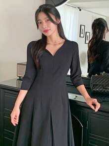 DAZY Đầm midi ôm dáng có cổ dành cho nữ, thích hợp để mặc đi làm hoặc đi chơi. - màu đen - Xem 4