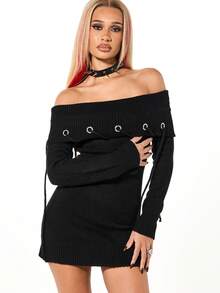 SUMWON WOMEN Off Shoulder Ribbed Knit Sweater Dress With Metal Eyelet Lace Up Detail Long Sleeve Mini Fall Winter - Black - View 1